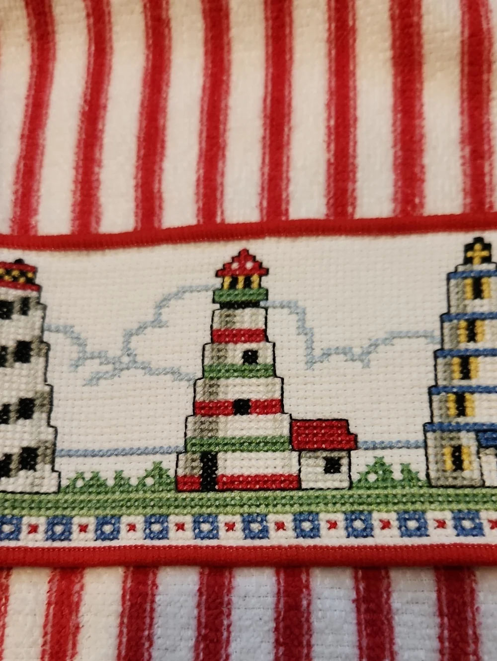 Striped Red & White Kitchen Towel with Embroidered Lighthouses Handmade